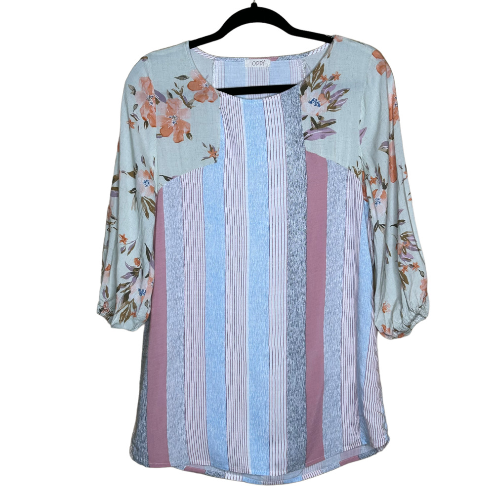 Oddy‎ Blouse Womens Small Multicolor Striped Floral 3/4 Sleeves